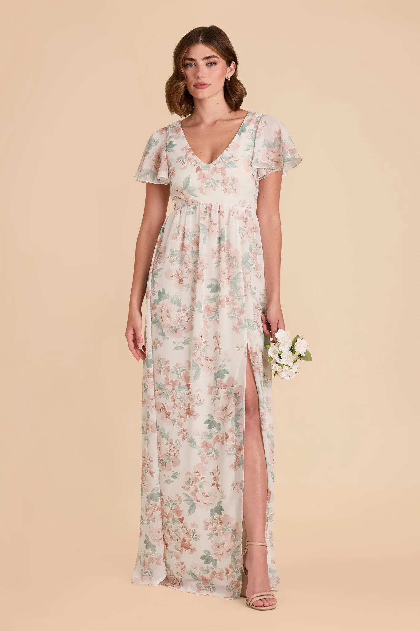 Hannah Empire Dress - Dusty Apricot Peonies sold by Birdy Grey