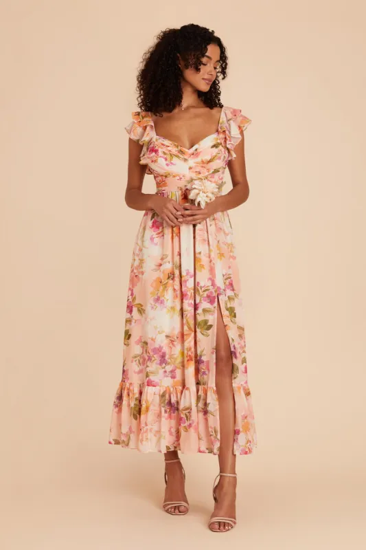 Michelle Chiffon Dress - Coral Sunset Peonies sold by Birdy Grey