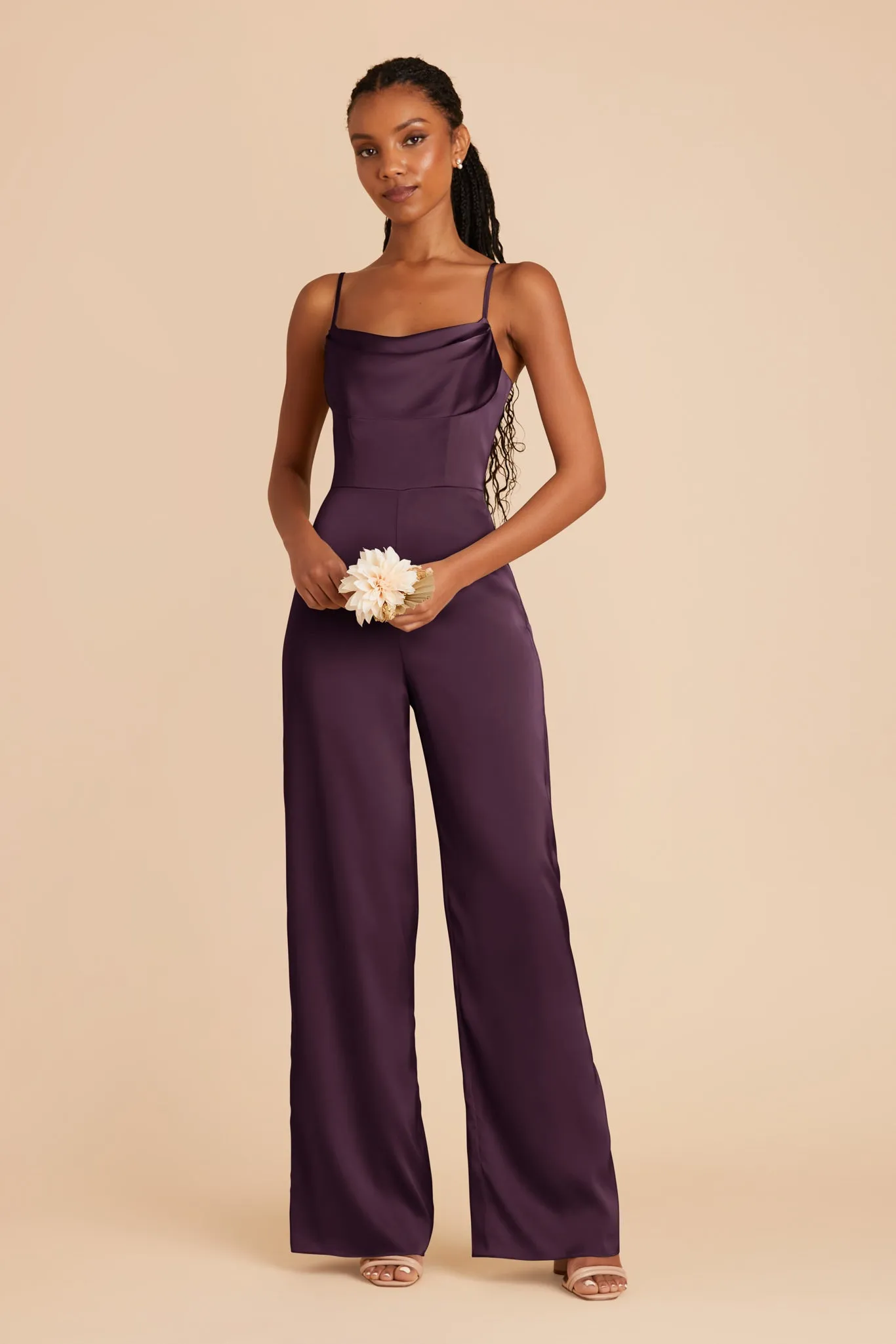 Donna Matte Satin Bridesmaid Jumpsuit - Plum sold by Birdy Grey