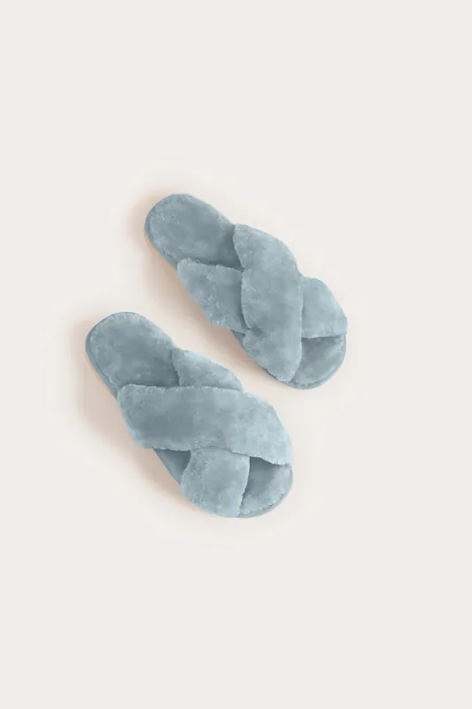 Criss Cross Fuzzy Slippers - Dusty Blue sold by Birdy Grey