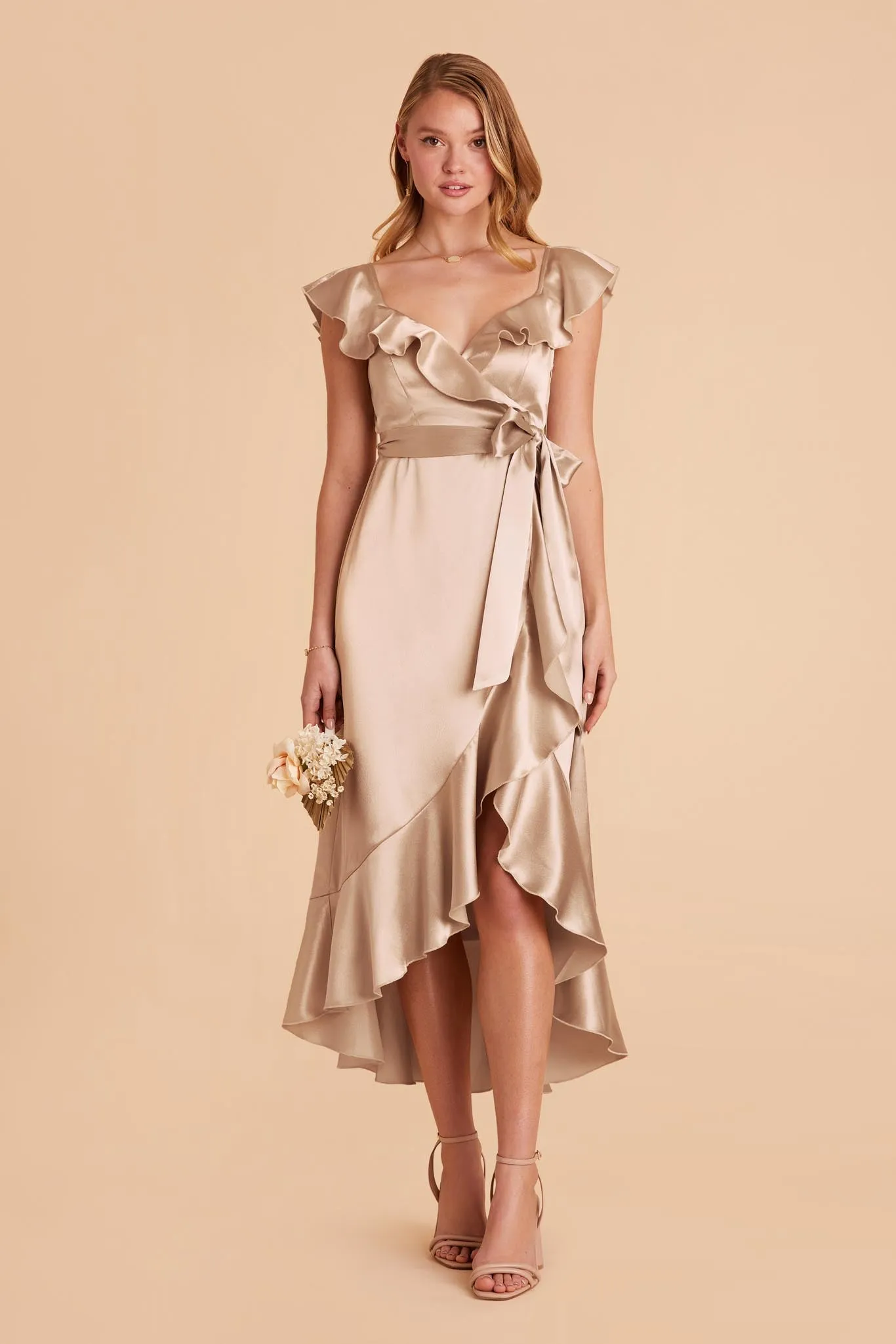 James Shiny Satin Midi Dress - Neutral Champagne sold by Birdy Grey