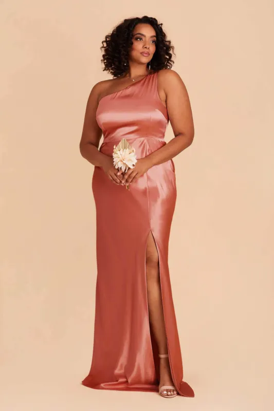Kira Shiny Satin Dress - Terracotta sold by Birdy Grey