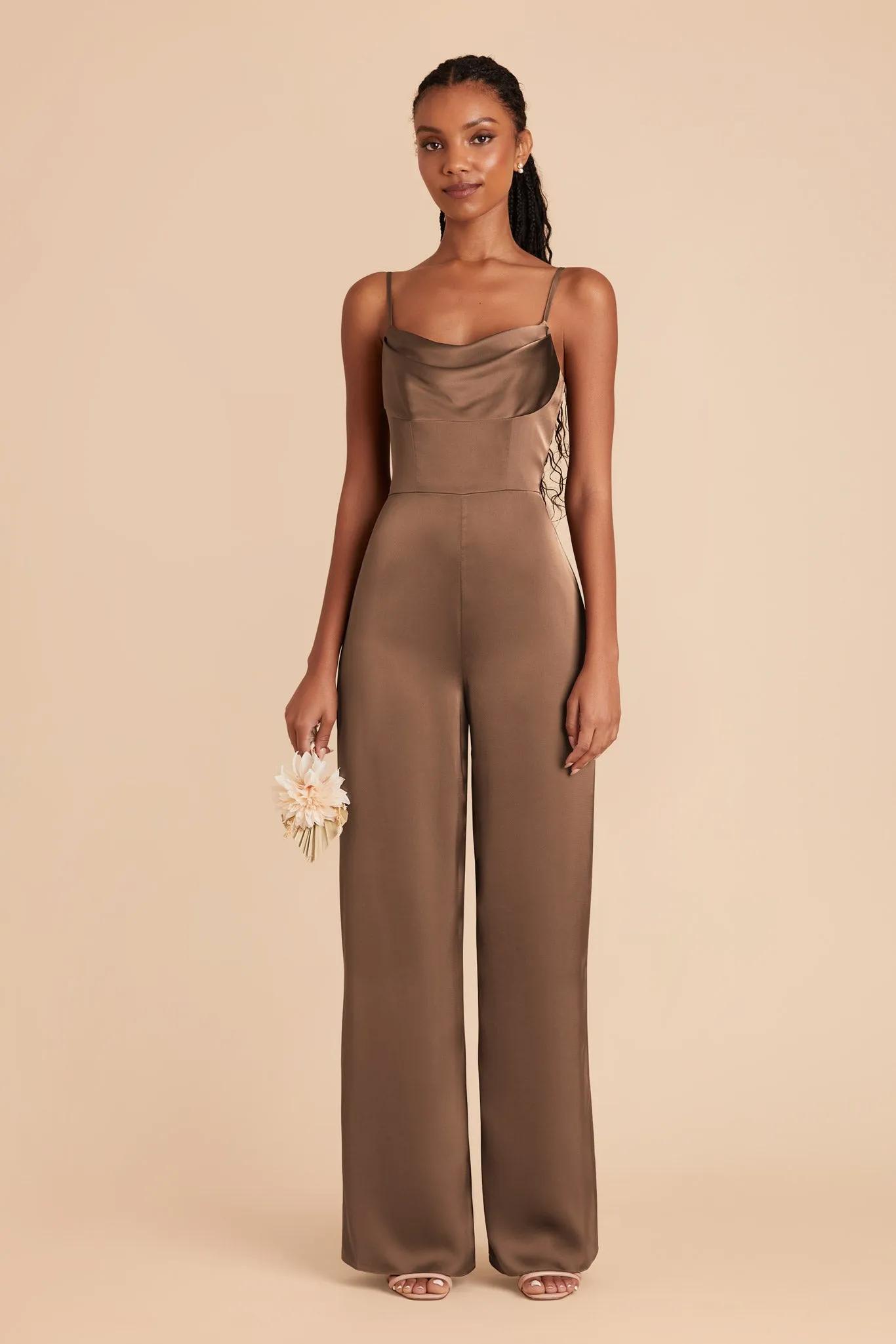 Donna Matte Satin Bridesmaid Jumpsuit - Mocha sold by Birdy Grey