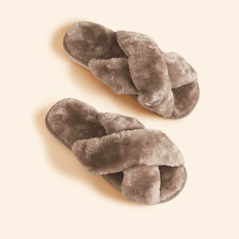 Criss Cross Fuzzy Slippers - Teddy sold by Birdy Grey