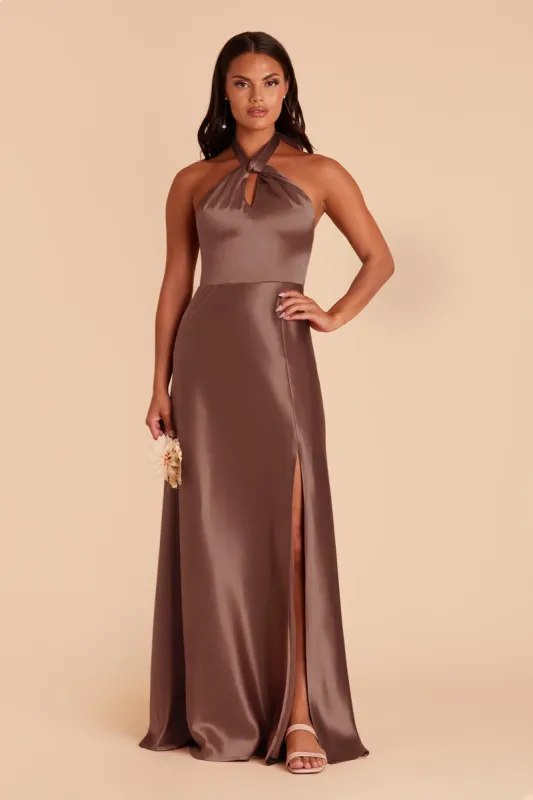 Monica Shiny Satin Dress - Chocolate Brown sold by Birdy Grey