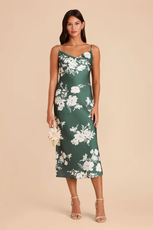 Lisa Matte Satin Midi Dress - Eucalyptus Whimsical Blooms sold by Birdy Grey
