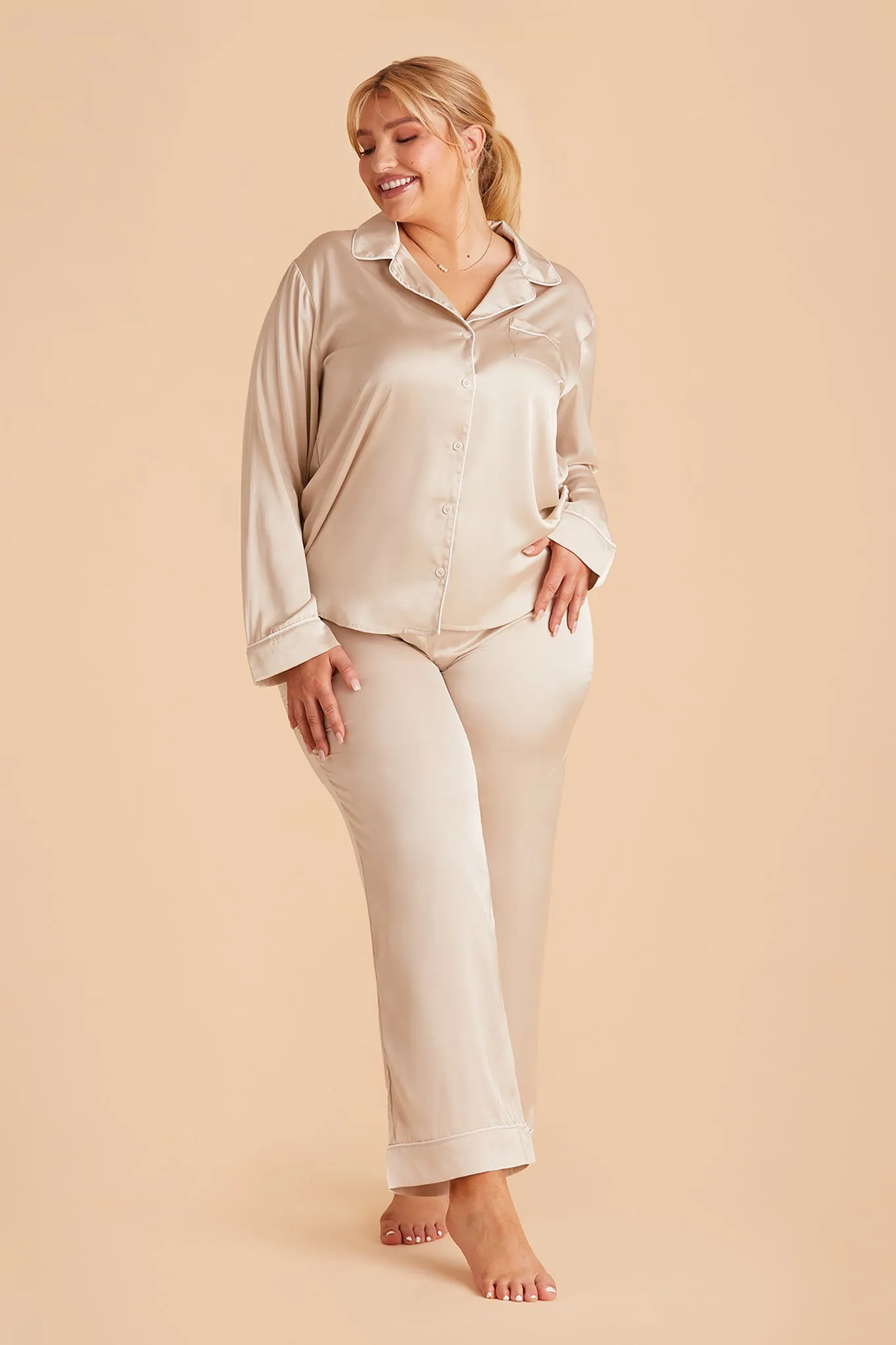 Jonny Long Sleeves and Pants Satin PJ Set - Champagne sold by Birdy Grey