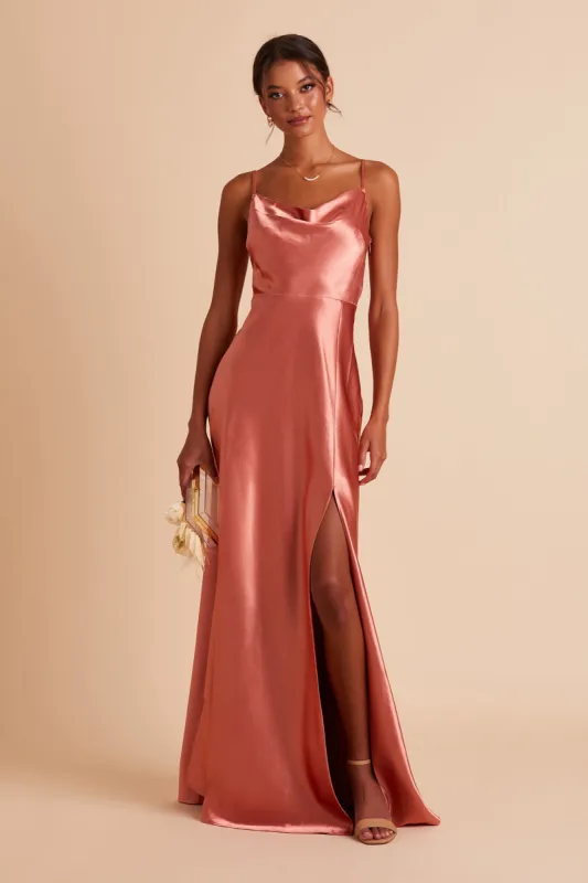 Lisa Long Shiny Satin Dress - Terracotta sold by Birdy Grey