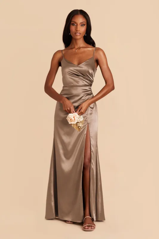 Catherine Shiny Satin Dress - Mocha sold by Birdy Grey