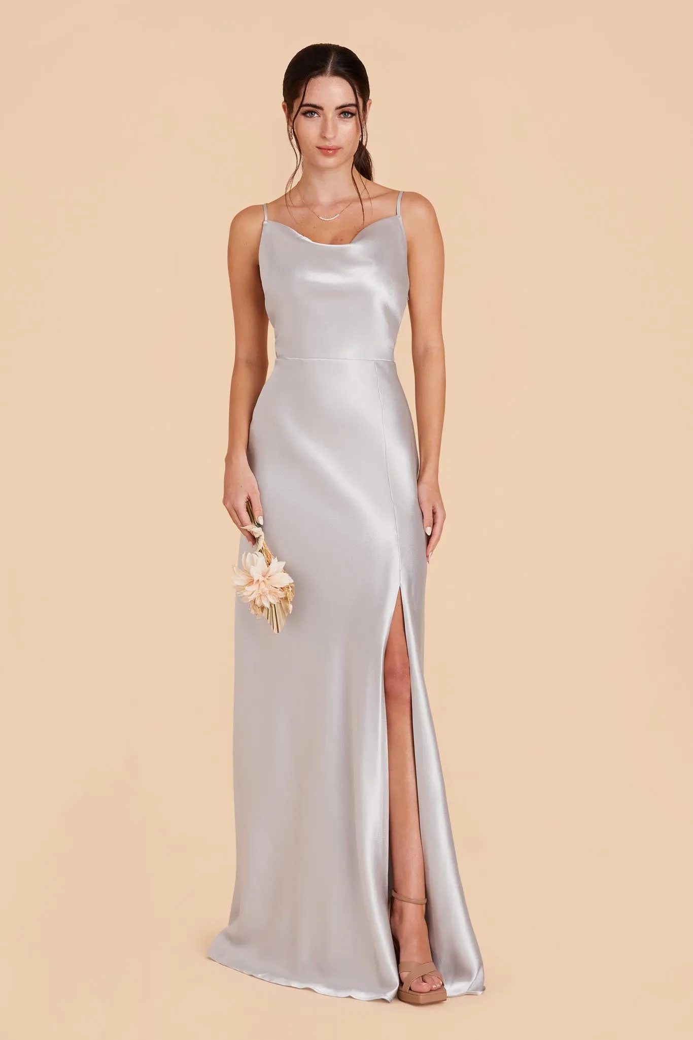 Lisa Long Shiny Satin Dress - Platinum sold by Birdy Grey