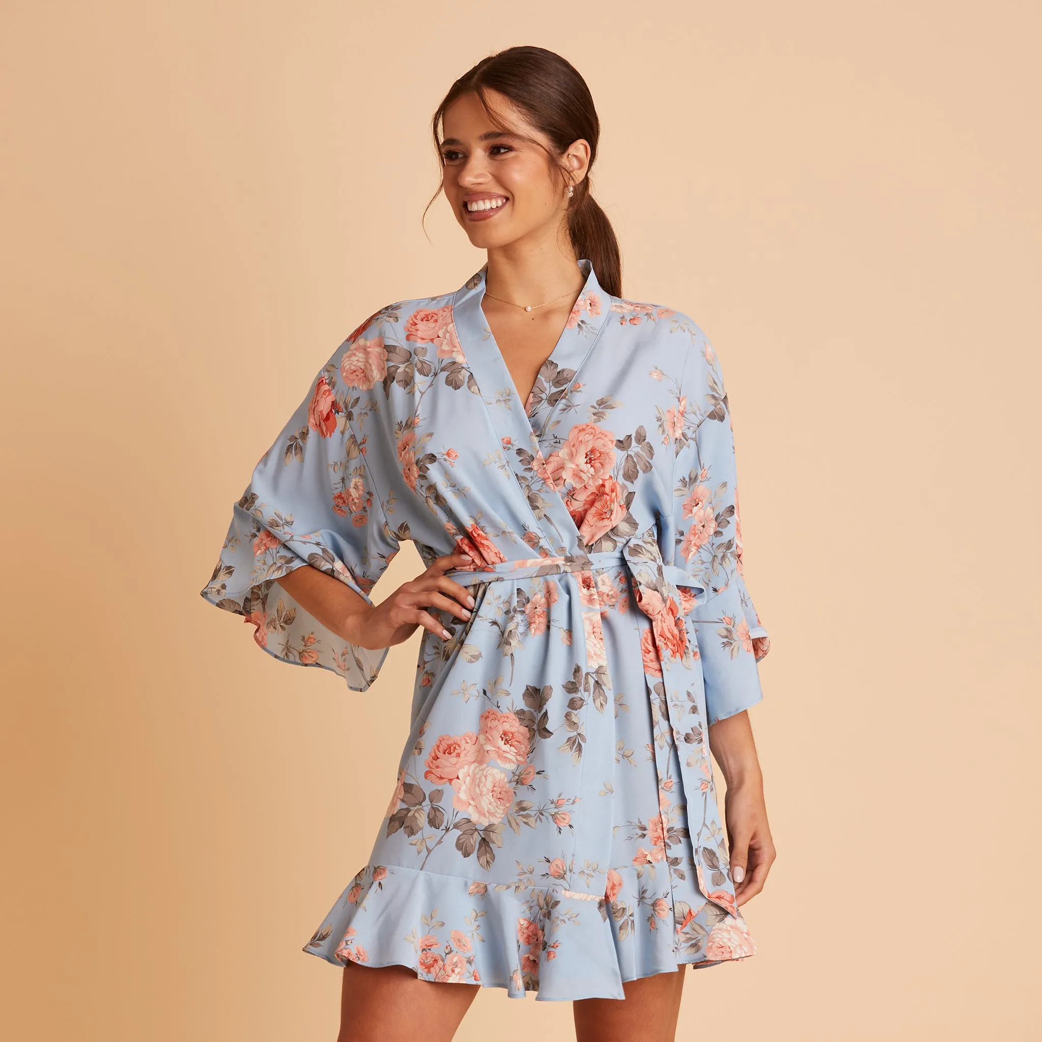 Kenny Floral Ruffle Robe - Dusty Blue Floral sold by Birdy Grey