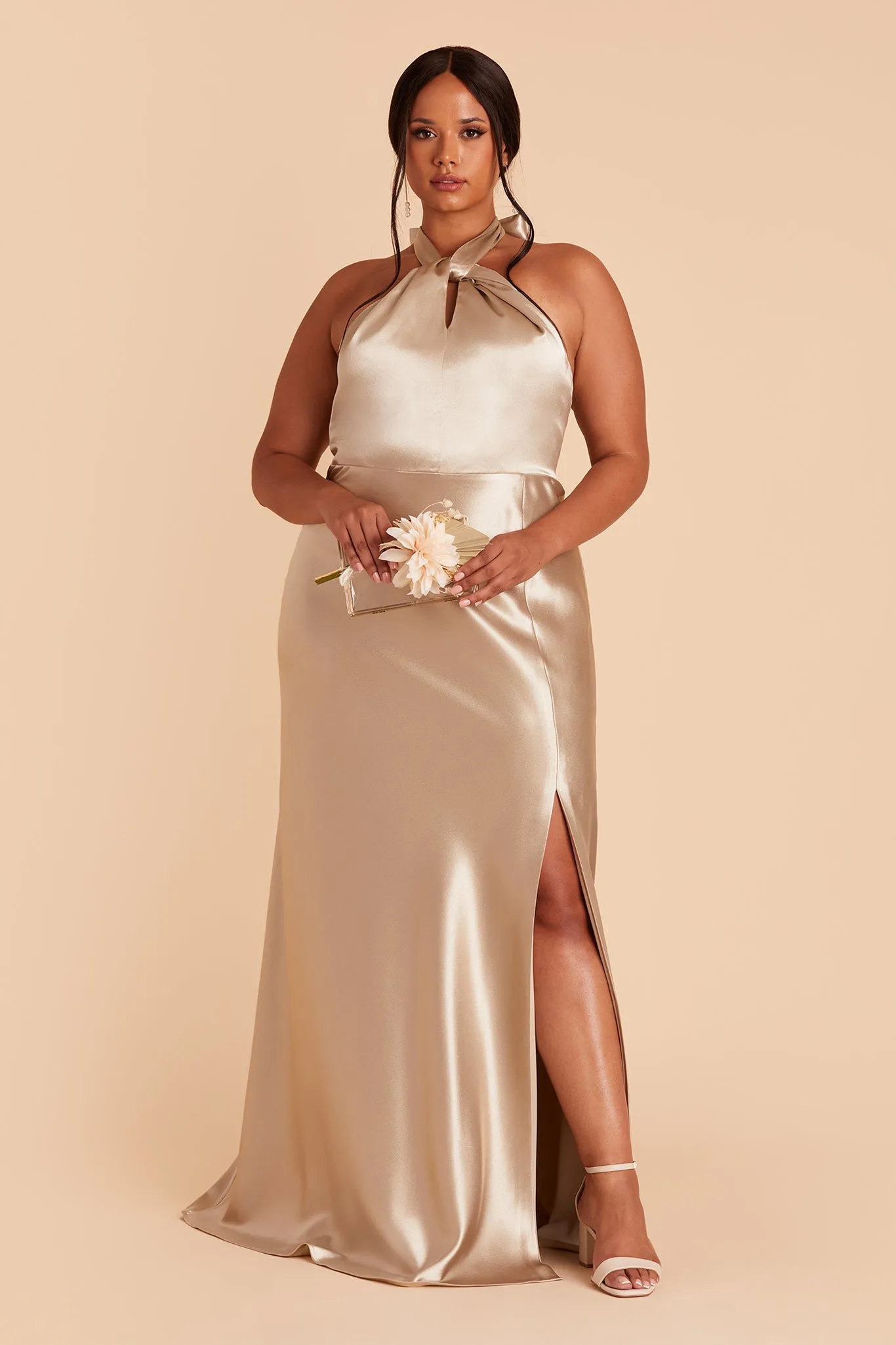 Monica Shiny Satin Dress - Neutral Champagne sold by Birdy Grey