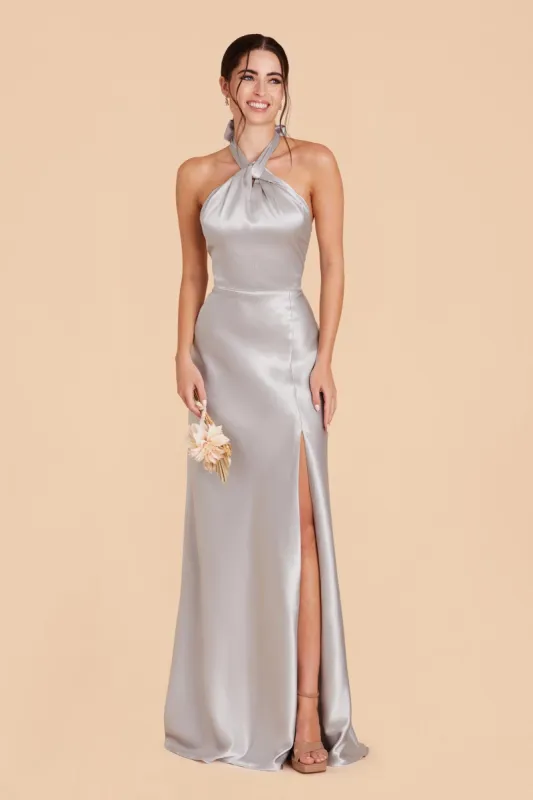 Monica Shiny Satin Dress - Platinum sold by Birdy Grey