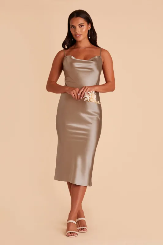 Lisa Shiny Satin Midi Dress - Mocha sold by Birdy Grey