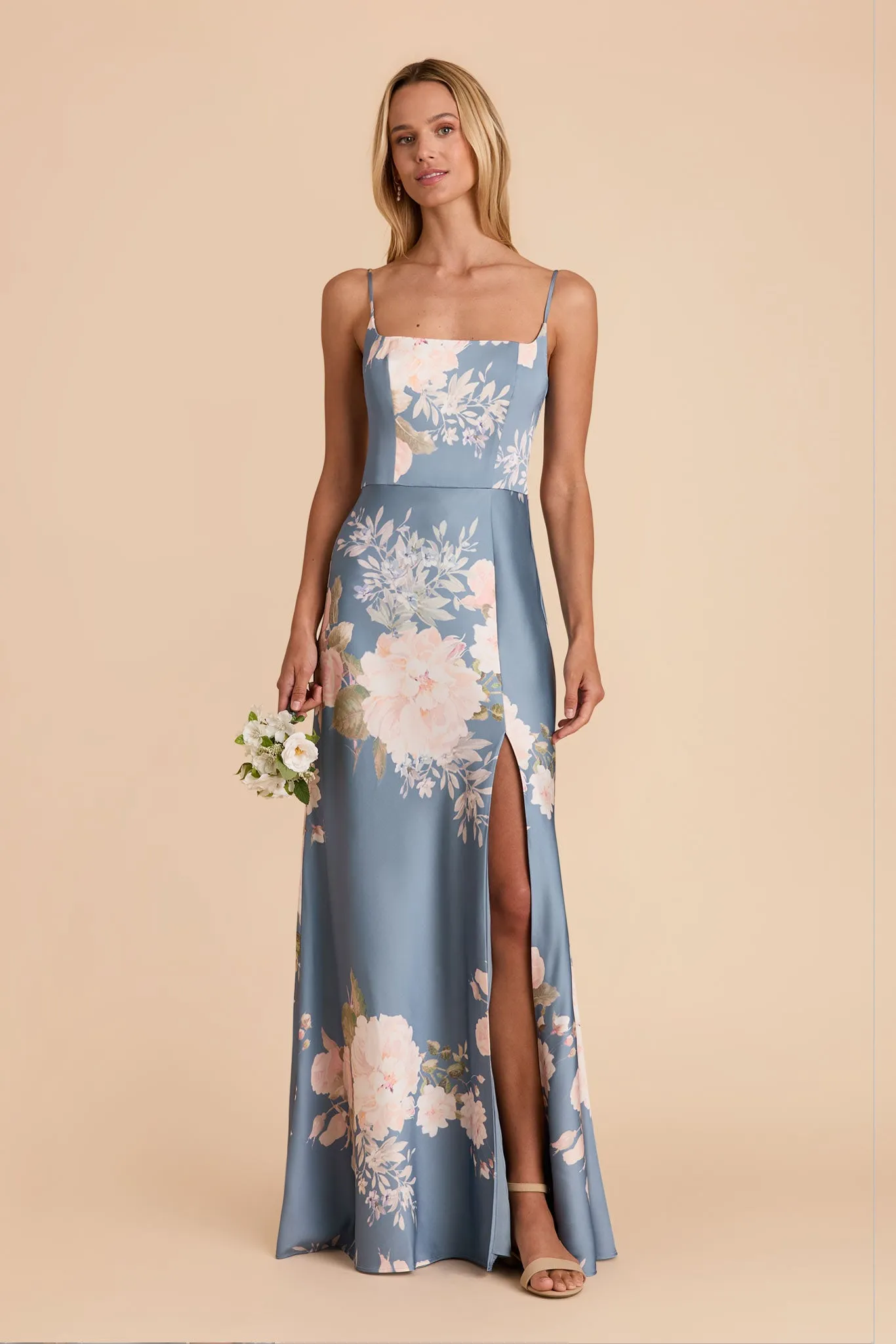 Mai Matte Satin Dress - Dusty Blue Romantic Bouquet sold by Birdy Grey