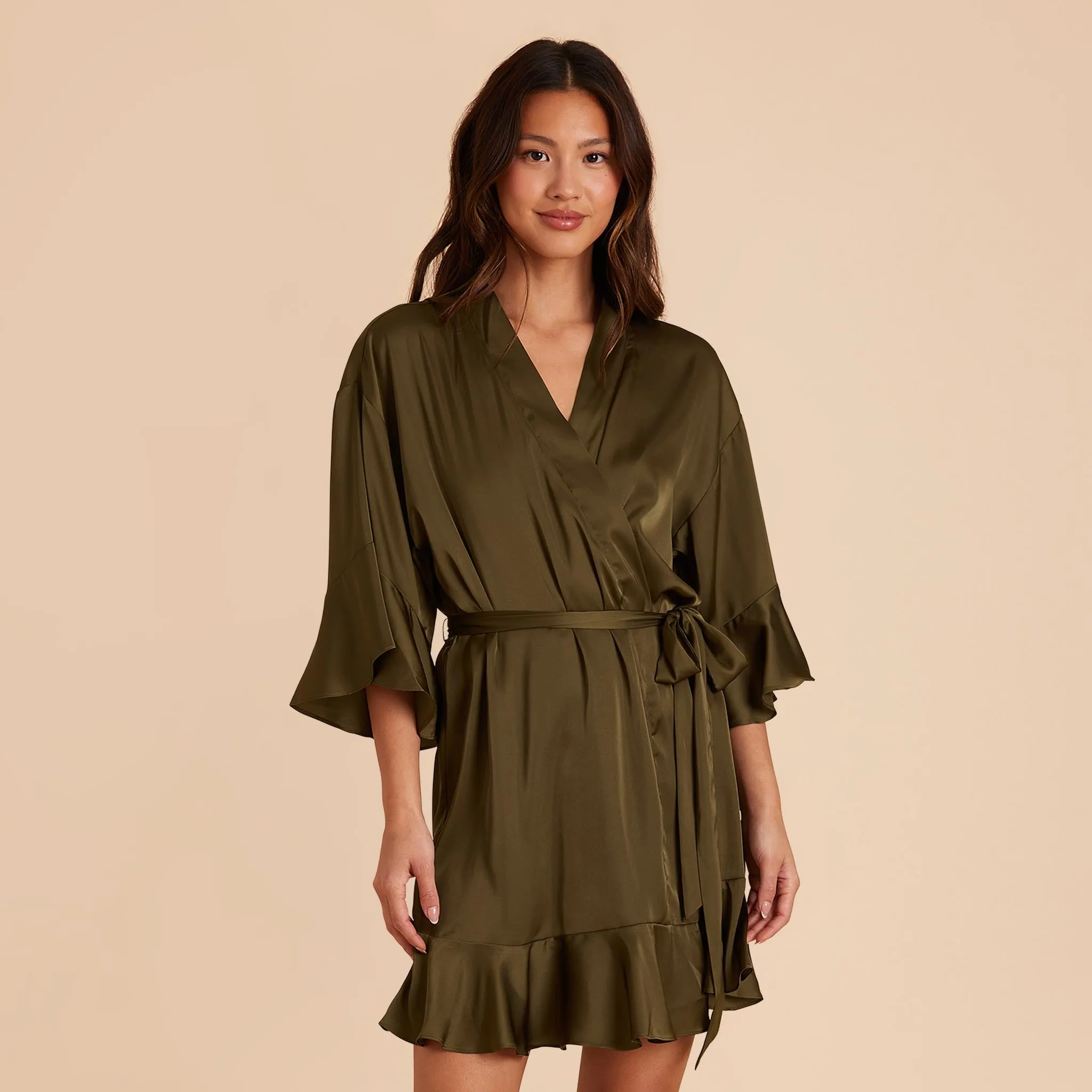 Kenny Ruffle Satin Robe - Olive sold by Birdy Grey