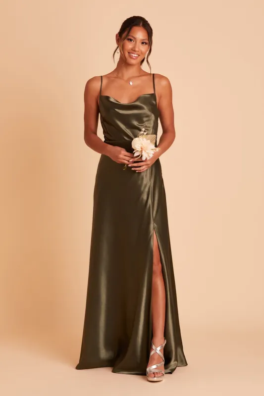 Lisa Long Shiny Satin Dress - Olive sold by Birdy Grey