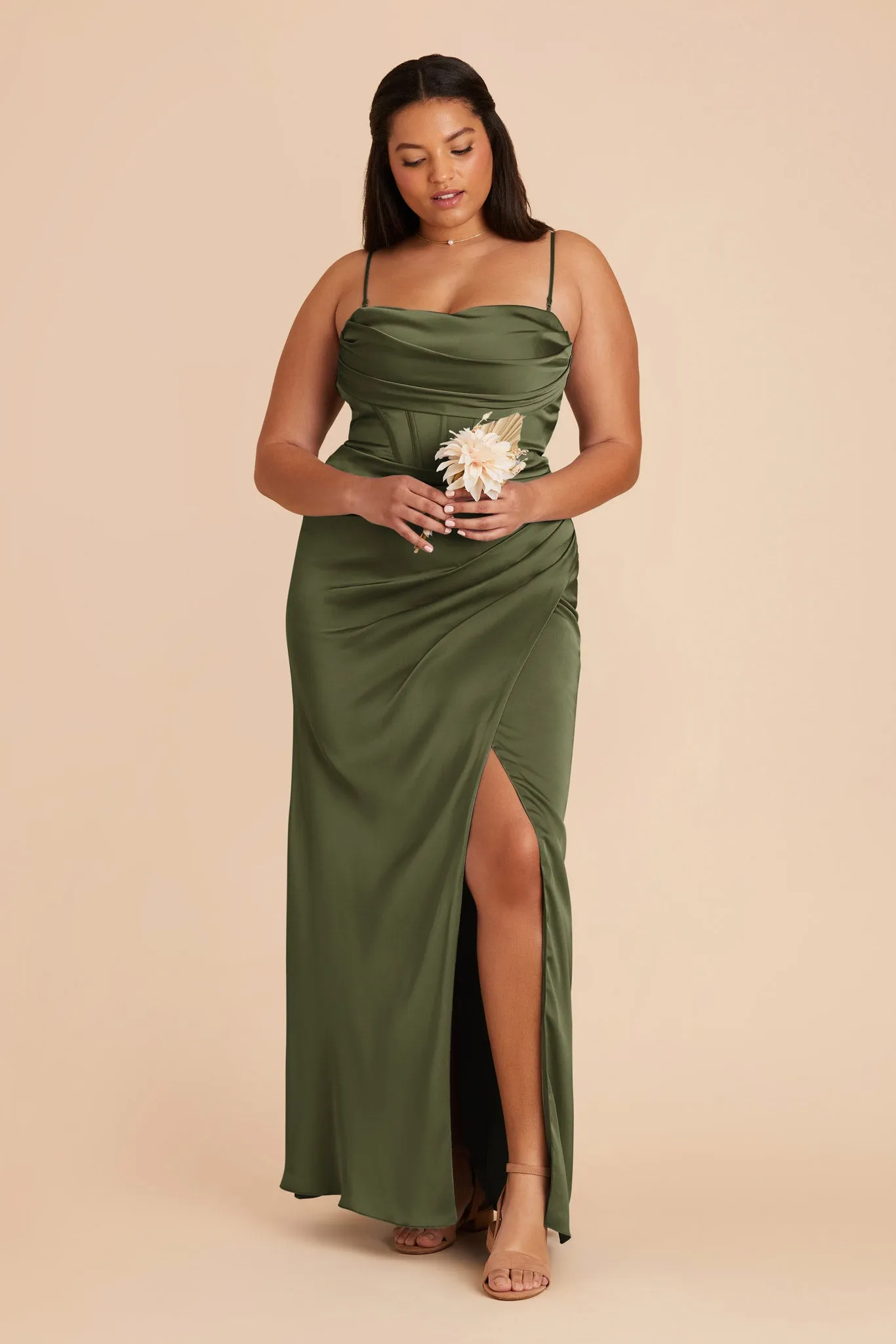Carrie Matte Satin Dress - Olive sold by Birdy Grey