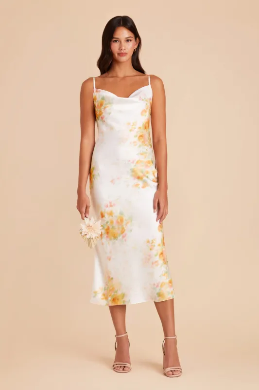 Lisa Matte Satin Midi Dress - White Blurred Floral sold by Birdy Grey