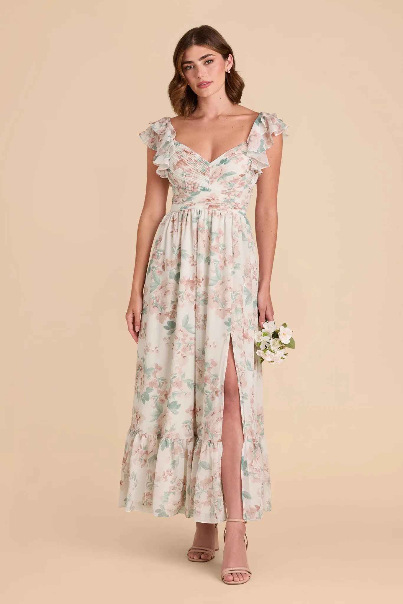 Michelle Chiffon Dress - Dusty Apricot Peonies sold by Birdy Grey