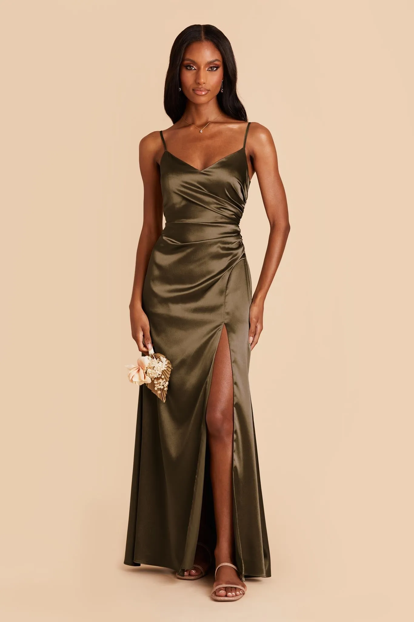 Catherine Shiny Satin Dress - Olive sold by Birdy Grey