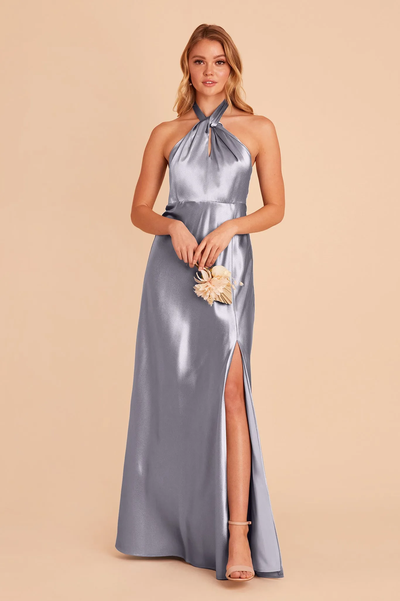 Monica Shiny Satin Dress - Dusty Blue sold by Birdy Grey