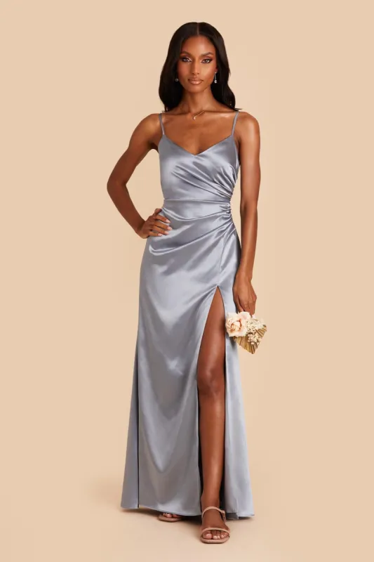 Catherine Shiny Satin Dress - Dusty Blue sold by Birdy Grey