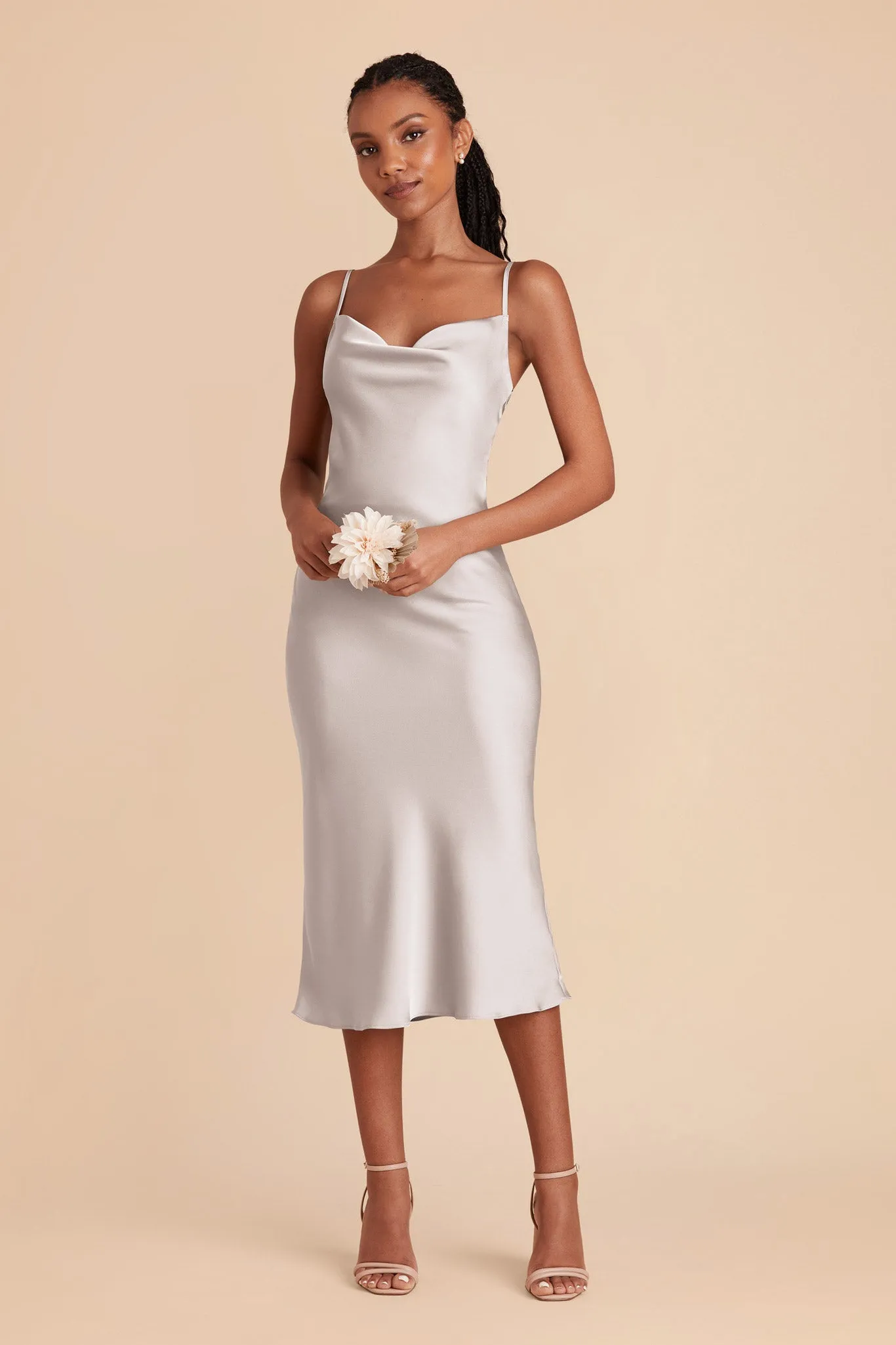 Lisa Matte Satin Midi Dress - Platinum sold by Birdy Grey