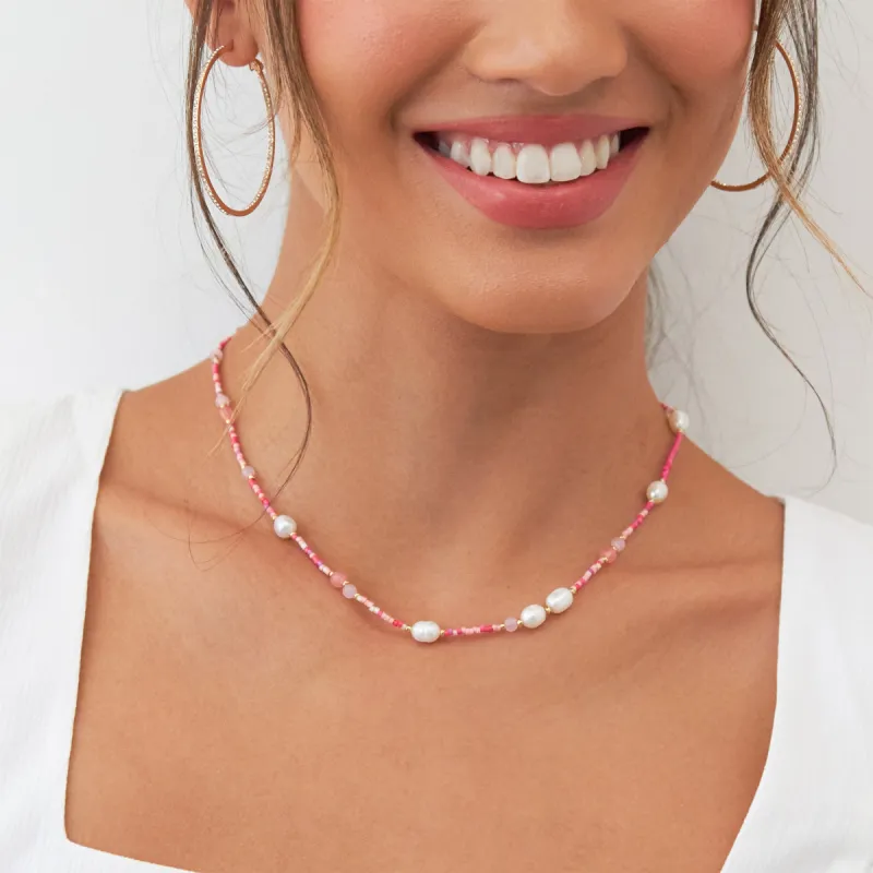 Beads and Pearls Necklace - Pink sold by Birdy Grey