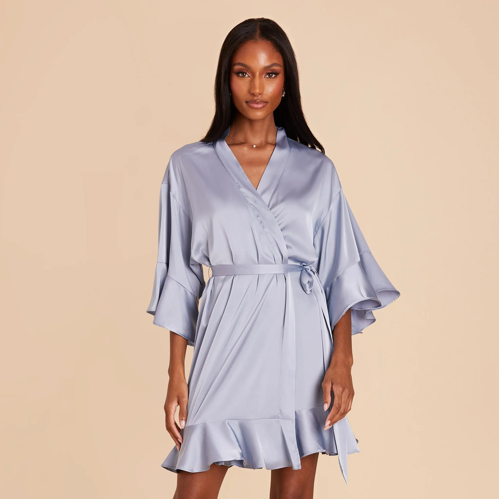 Kenny Ruffle Satin Robe - Dusty Blue sold by Birdy Grey