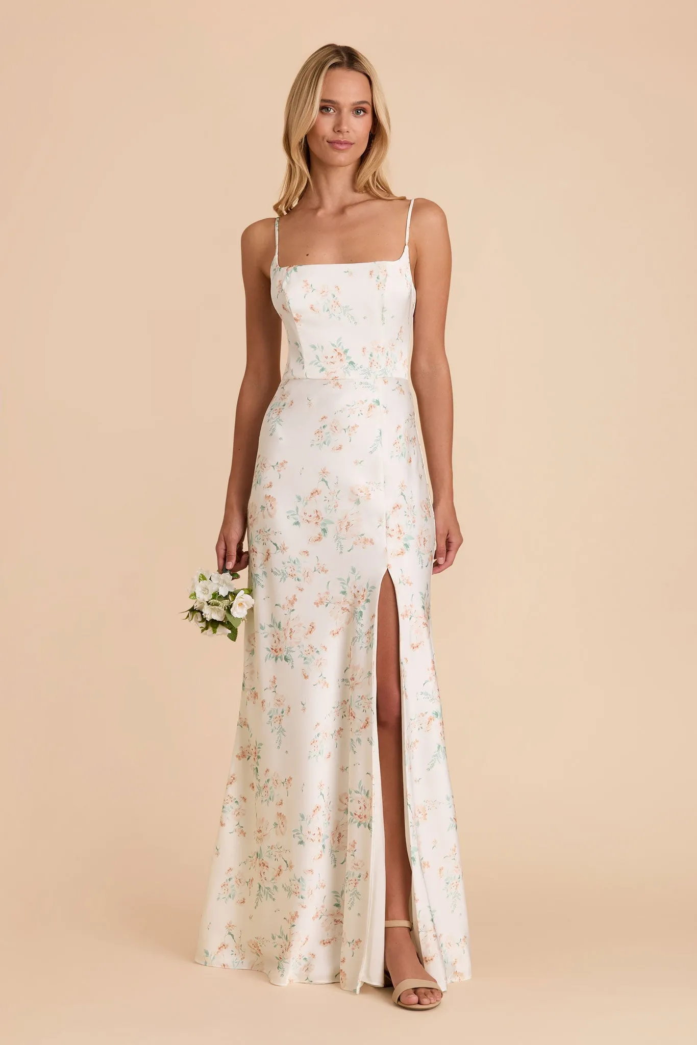 Mai Matte Satin Dress - Apricot Whimsical Blooms sold by Birdy Grey