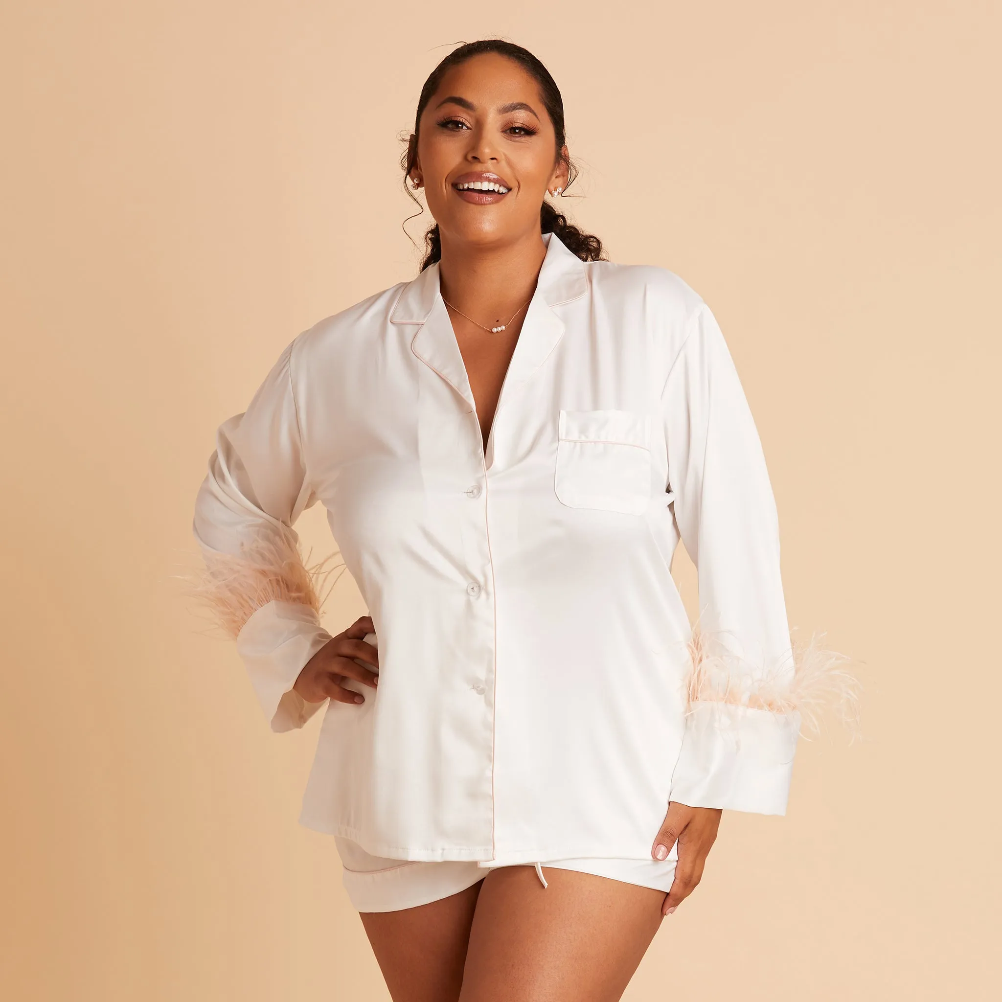 Short Satin Feathered Pajama Set - White sold by Birdy Grey product image thumbnail 5