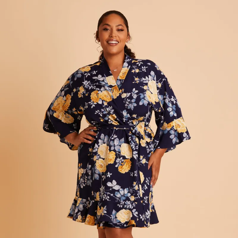 Kenny Floral Ruffle Robe - Navy Marigold sold by Birdy Grey