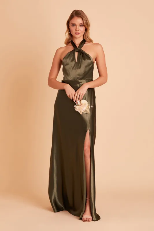 Monica Shiny Satin Dress - Olive sold by Birdy Grey