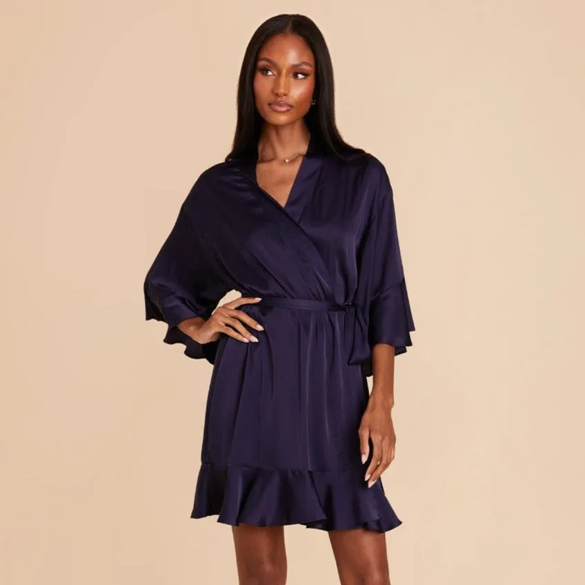 Kenny Ruffle Satin Robe - Navy sold by Birdy Grey