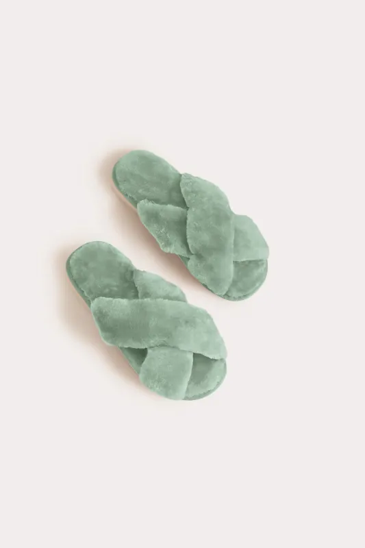 Criss Cross Fuzzy Slippers - Sage sold by Birdy Grey