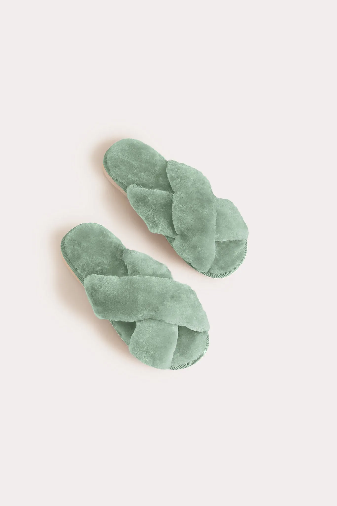 Criss Cross Fuzzy Slippers - Sage sold by Birdy Grey