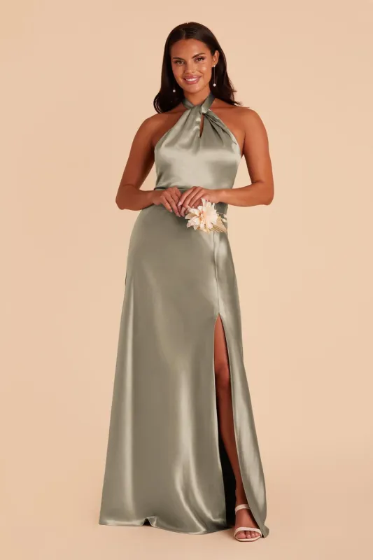 Monica Shiny Satin Dress - Moss Green sold by Birdy Grey