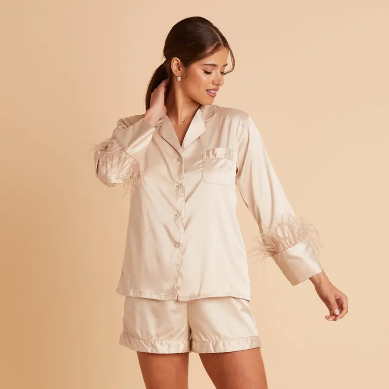 Short Satin Feathered Pajama Set - Champagne sold by Birdy Grey
