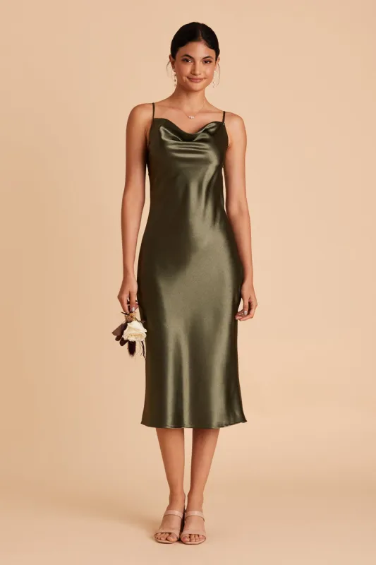 Lisa Shiny Satin Midi Dress - Olive sold by Birdy Grey