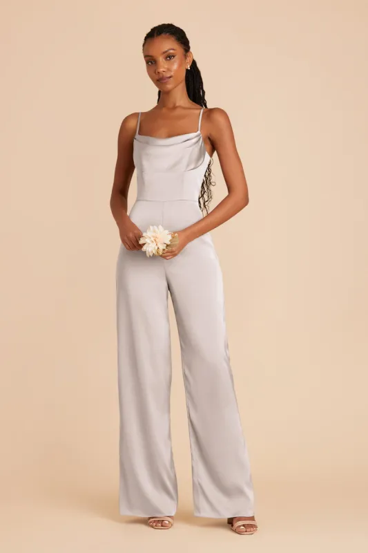Donna Matte Satin Bridesmaid Jumpsuit - Platinum sold by Birdy Grey