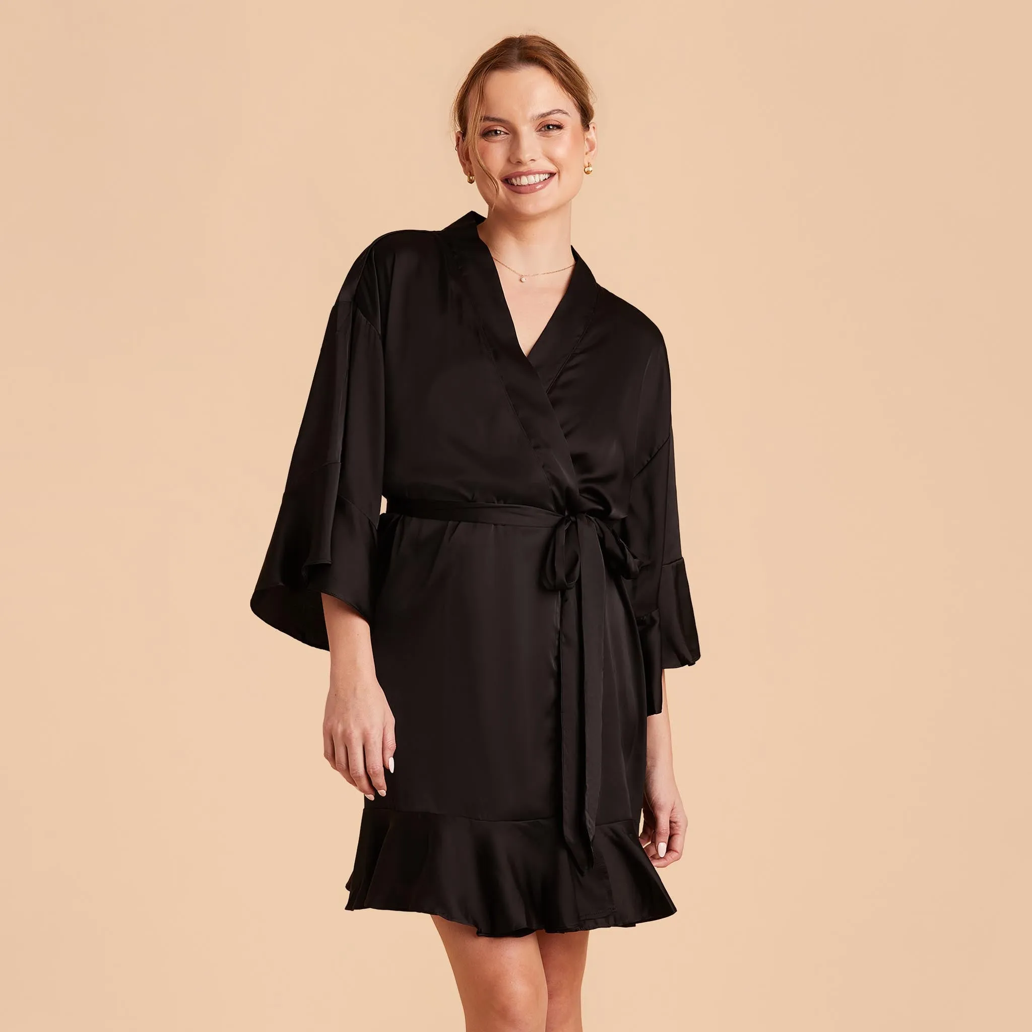 Kenny Ruffle Satin Robe - Black sold by Birdy Grey