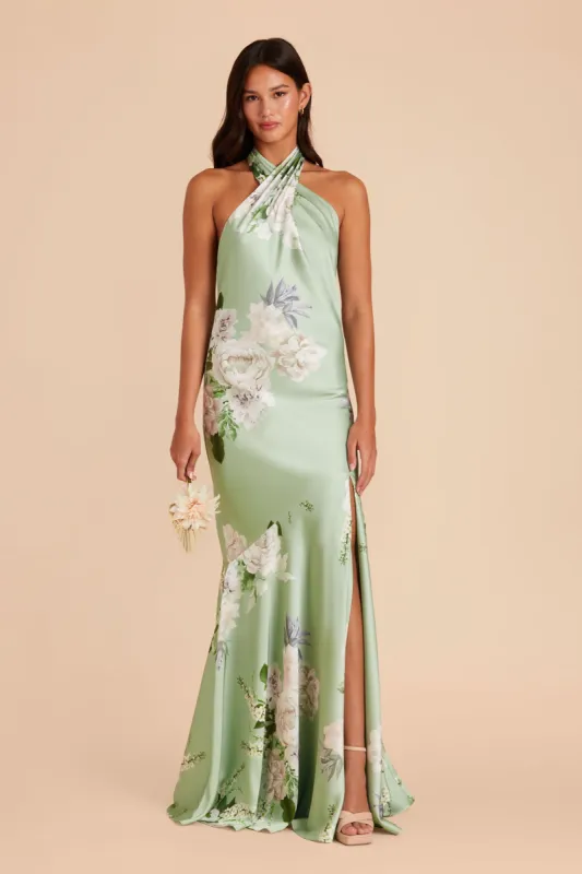 Stephanie Matte Satin Dress - Pistachio Garden Bloom sold by Birdy Grey