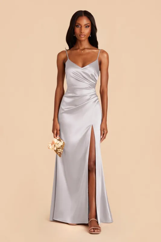 Catherine Shiny Satin Dress - Platinum sold by Birdy Grey