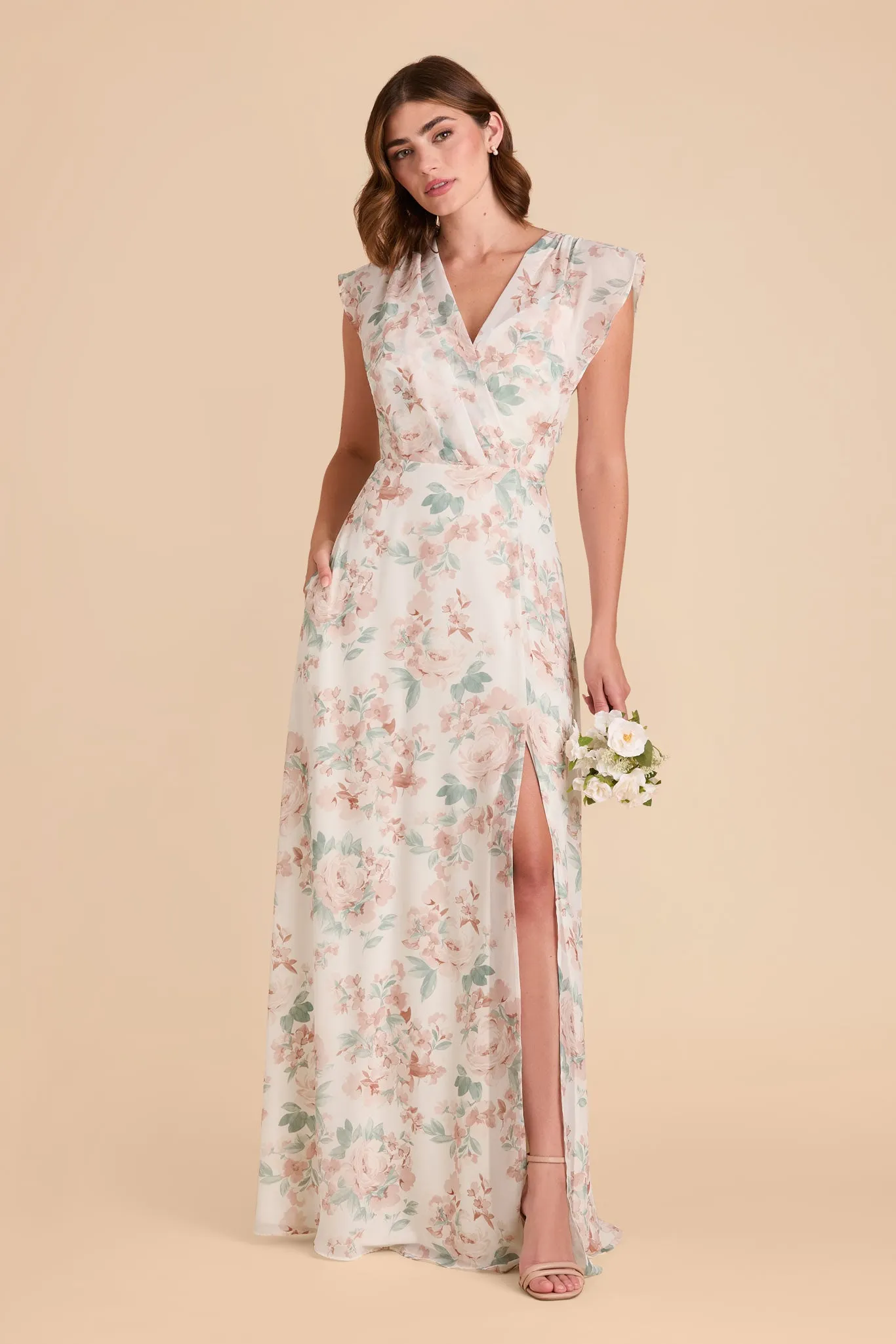 Violet Chiffon Dress - Dusty Apricot Peonies sold by Birdy Grey product image thumbnail 3