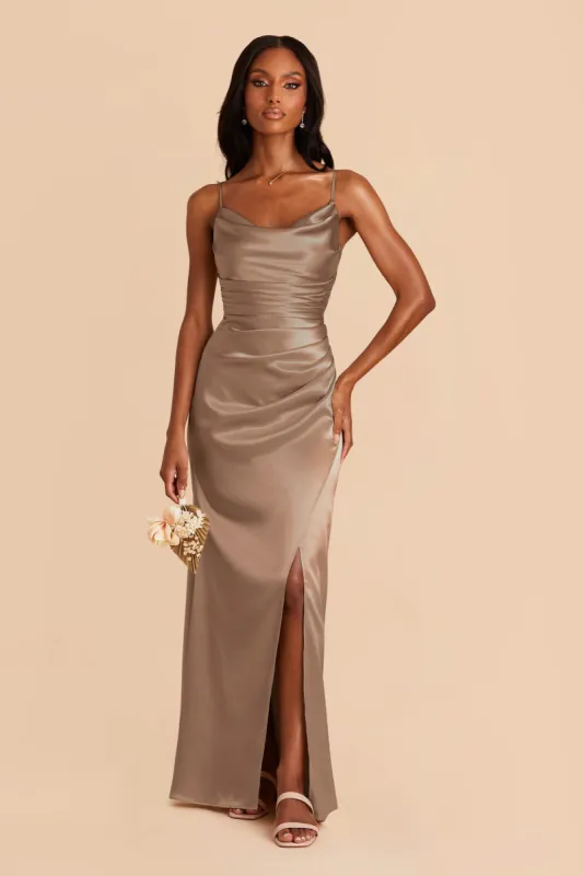 Lydia Shiny Satin Dress - Mocha sold by Birdy Grey