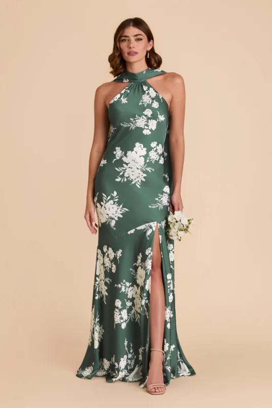 Eileen Matte Satin Dress - Eucalyptus Whimsical Blooms sold by Birdy Grey