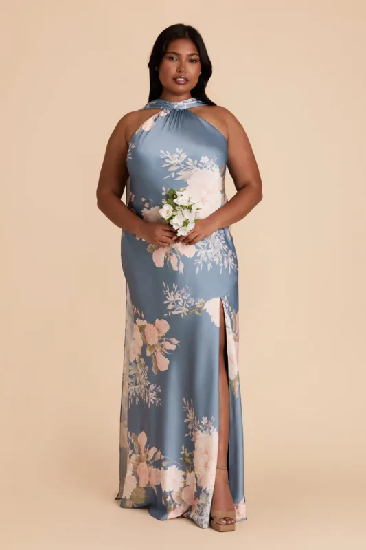 Eileen Matte Satin Dress - Dusty Blue Romantic Bouquet sold by Birdy Grey