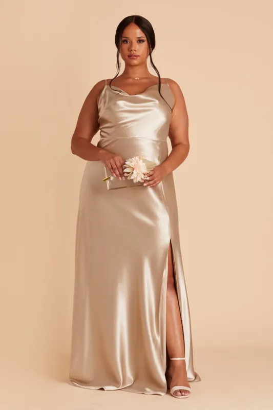 Lisa Long Shiny Satin Dress - Neutral Champagne sold by Birdy Grey