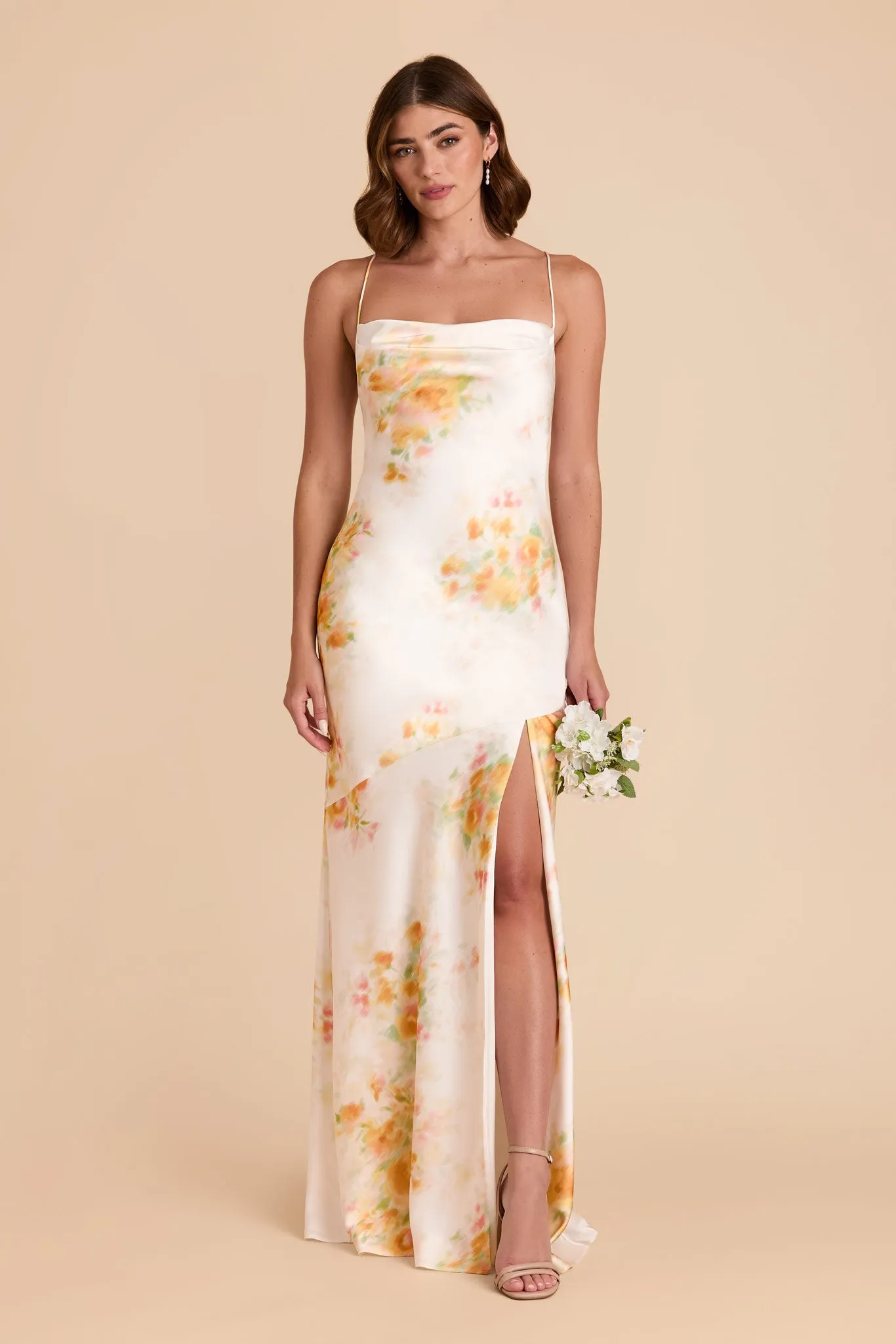 Olivia Matte Satin Dress - White Blurred Floral sold by Birdy Grey